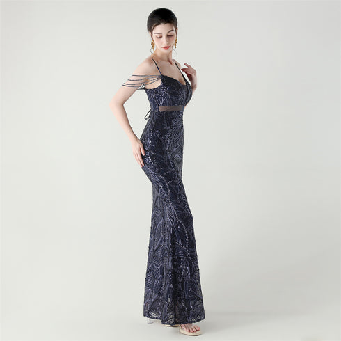 Graceful Sequin Embellished Mesh Mermaid Maxi Dress